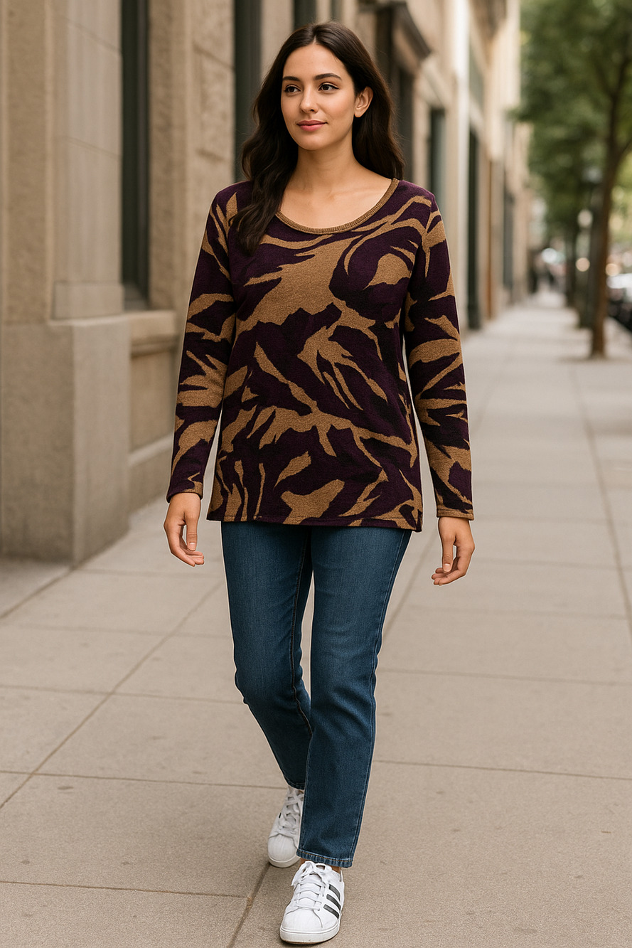 Soft Surroundings Women’s Tunic Sweater Brown Purple Abstract print Cozy Sz-L